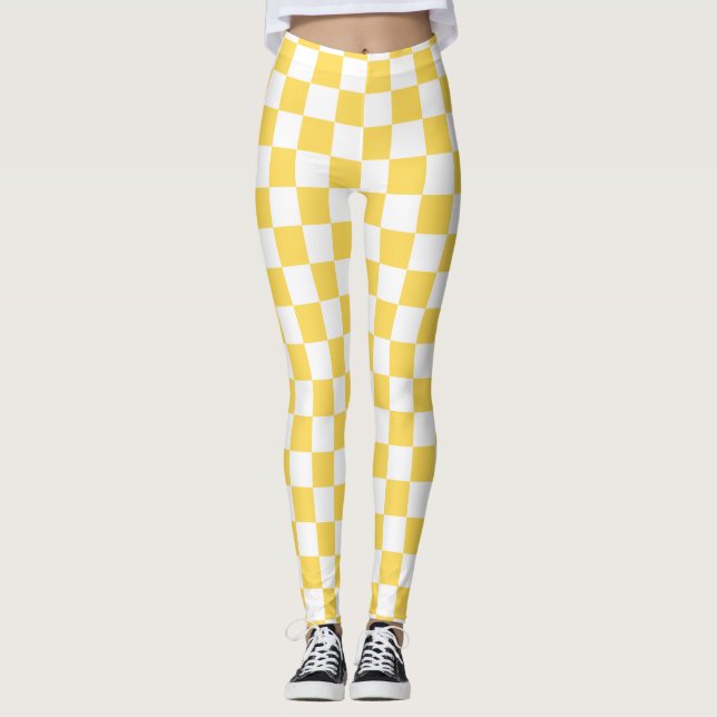 Chequerboard Mustard Yellow and White Leggings (Front)