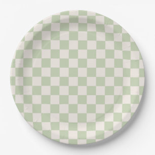 Chequerboard Pastel Green Chequered Sage Check Paper Plate