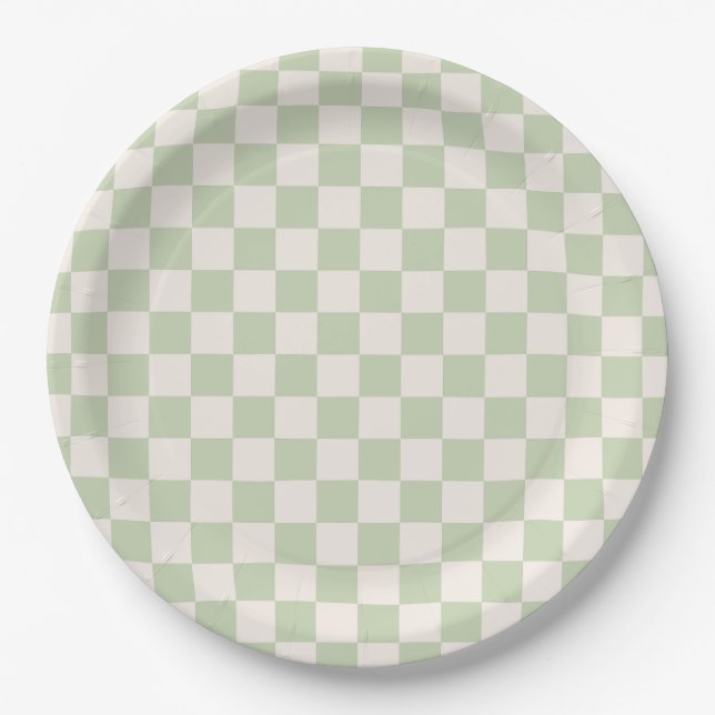 Chequerboard Pastel Green Chequered Sage Check Paper Plate (Front)