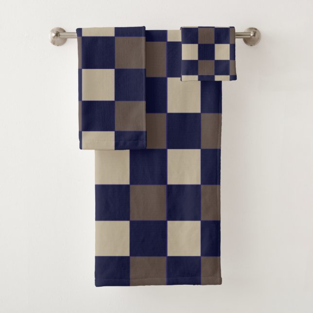 Chequerboard Pattern Dark Blue Brown Checks Bath Towel Set (Insitu)