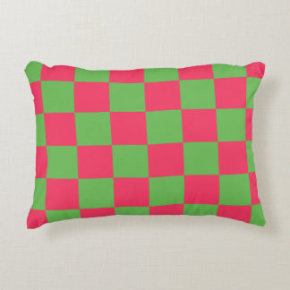 chequerboard pattern green and pink colours accent pillow