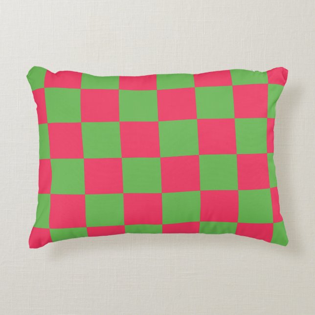 chequerboard pattern green and pink colours accent pillow (Front)