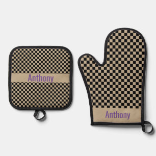 chequerboard pattern- name oven mitt & pot hol holder set
