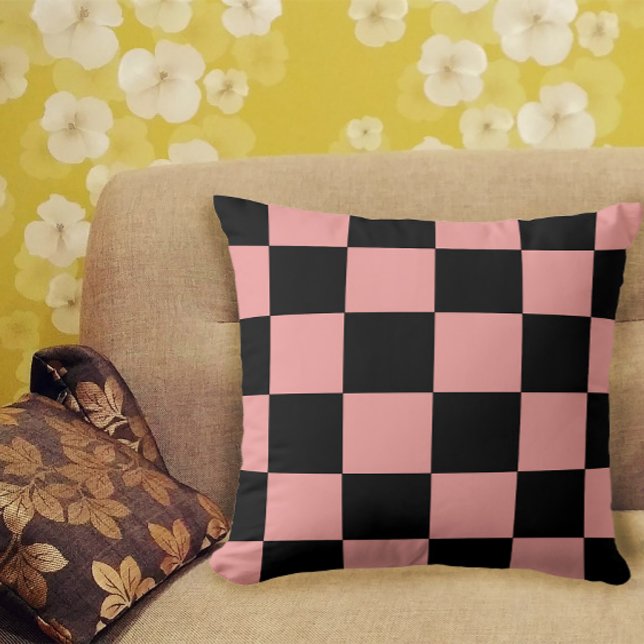 Chequerboard Pattern Retro Pink and Black Throw Pillow (A pretty throw pillow with a pink and black checkerboard pattern)