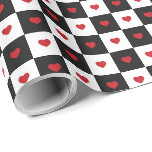 Chequerboard pattern with red hearts wrapping paper