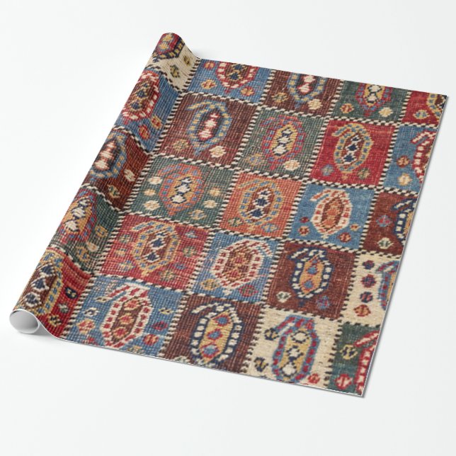 Chequerboard Persian Fars Brown Red Green  Wrapping Paper (Unrolled)