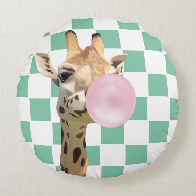 Chequerboard Pink Bubblegum Blowing Giraffe  Round Pillow (Front)
