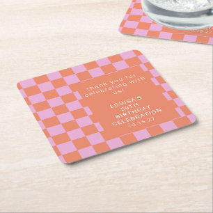 Chequerboard Pink Orange Custom Birthday Thank You Square Paper Coaster