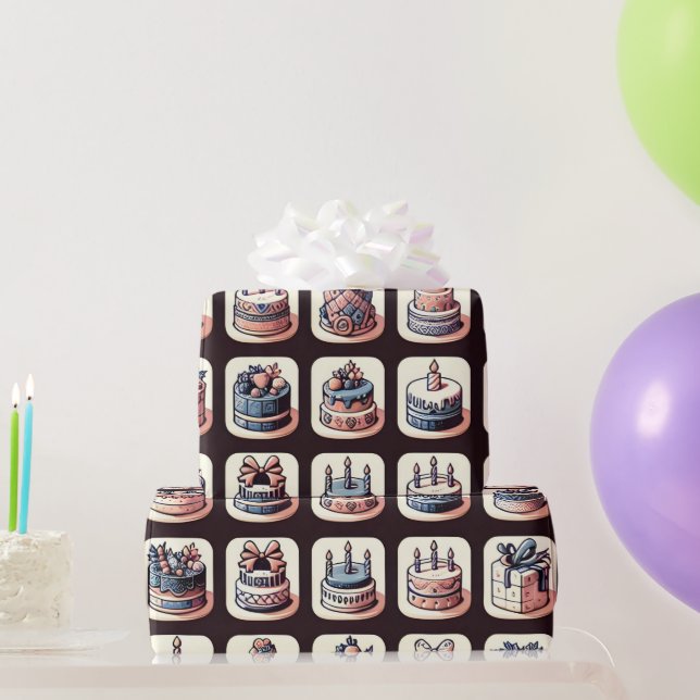 Chequerboard Print With Birthday Cakes Wrapping Paper (Party Gifts)