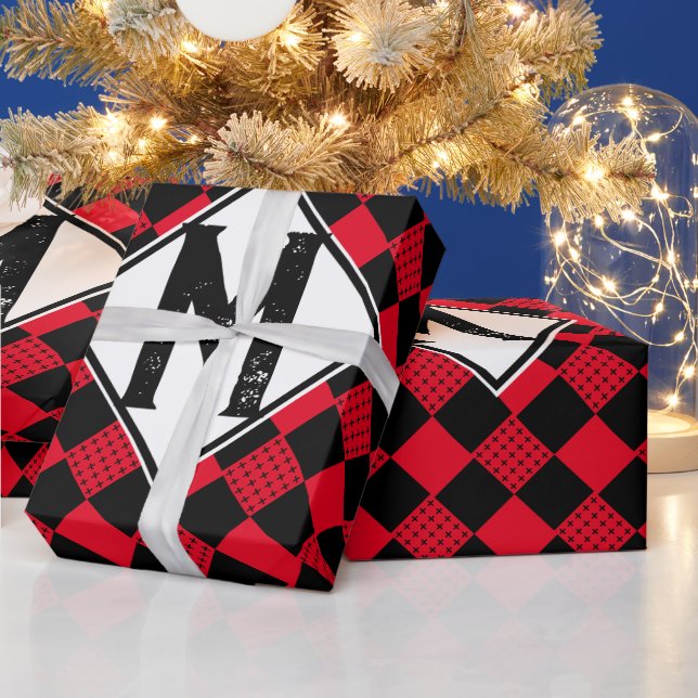 Chequerboard red & black buffalo plaid Monogram Wrapping Paper (Holidays)