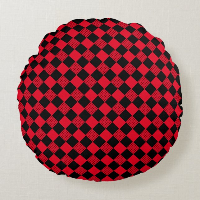 Chequerboard Red & black buffalo plaid pattern Round Pillow (Front)