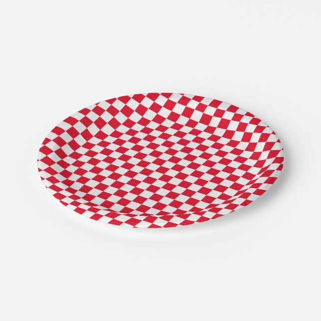 Chequerboard red white Chequered Pattern retro Paper Plate (Angled)