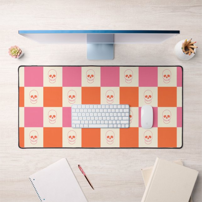 Chequerboard Skulls in Pink, Orange, & Cream Desk Mat (Office 1)