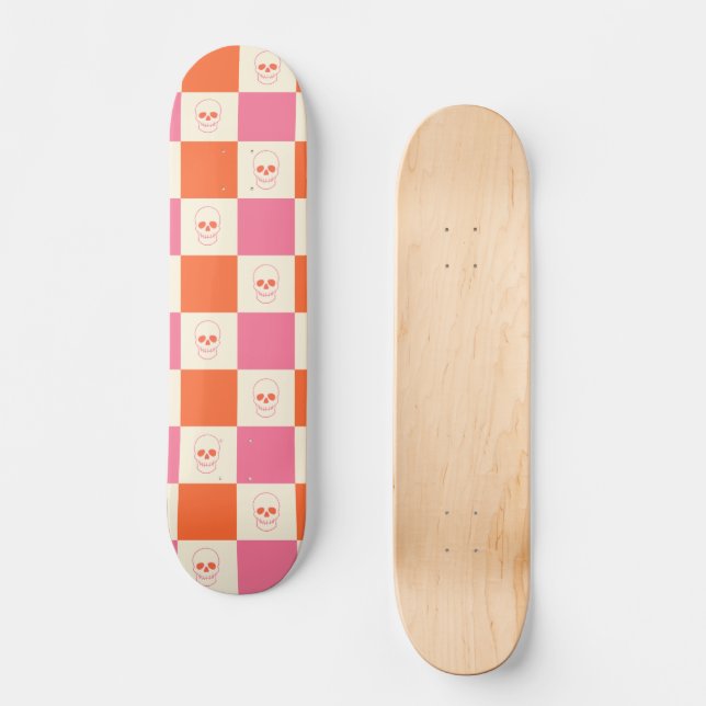 Chequerboard Skulls in Pink, Orange, & Cream Skateboard (Front)