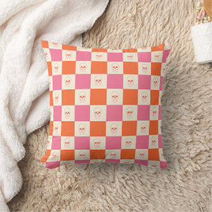 Chequerboard Skulls in Pink, Orange, & Cream Throw Pillow