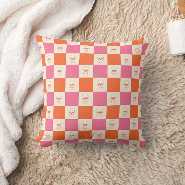Chequerboard Skulls in Pink, Orange, & Cream Throw Pillow (Blanket)