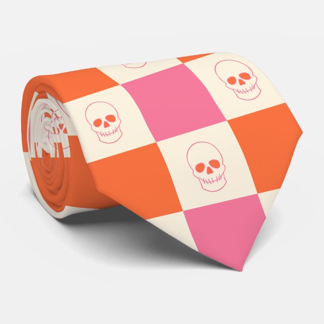Chequerboard Skulls in Pink, Orange, & Cream Tie (Rolled)