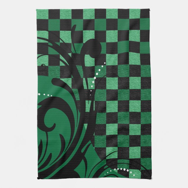 Chequerboard Swirl Pattern | Green and Black Kitchen Towel (Vertical)