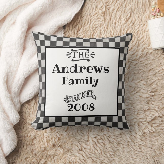 Chequerboard Typography Customizable Family Throw Pillow (Blanket)
