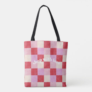 chequerboard valentine plaid red pink cream preppy tote bag