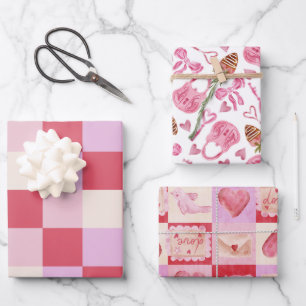 chequerboard valentine plaid red pink cream preppy wrapping paper sheet