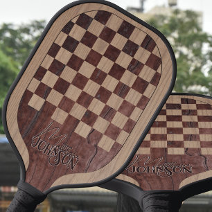 Chequerboard Wood Marquetry Imitation with Name Pickleball Paddle