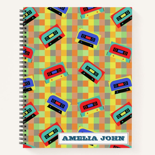 Chequered 1990s Retro colourful Cassette Custom Notebook (Front)