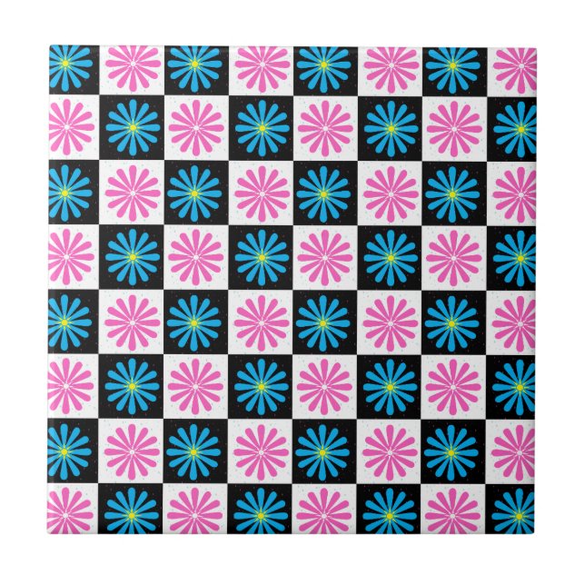 Chequered Abstract Pink and Blue Flower Tile (Front)