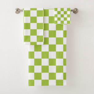 Chequered Apple Green and White Bath Towel Set