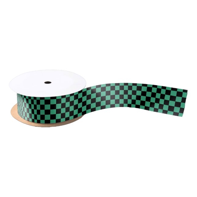 Chequered Aqua Green and Black Satin Ribbon (Spool)