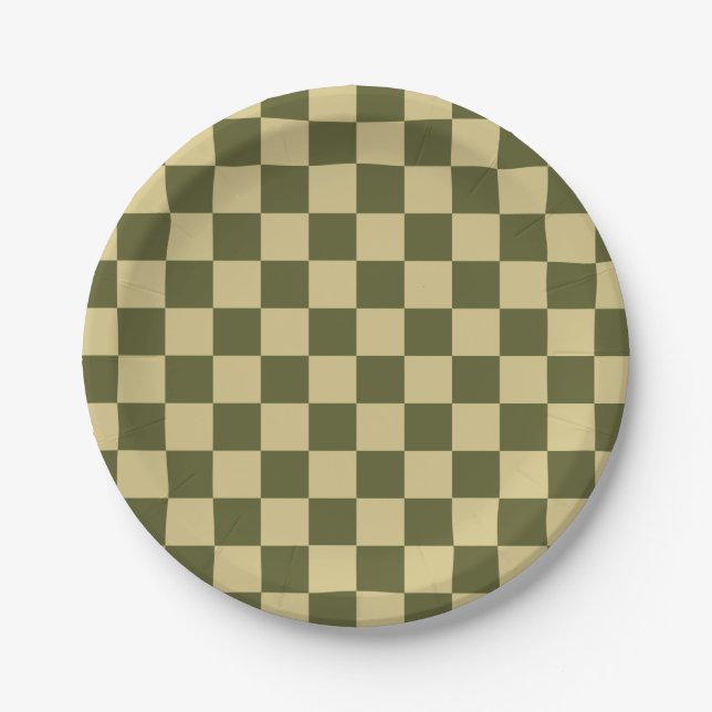 Chequered Army Green and Khaki Paper Plate (Front)