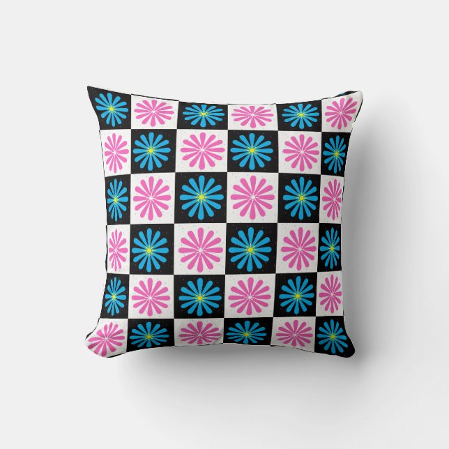 Chequered Aster Pink Blue Floral Abstract  Throw Pillow (Front)
