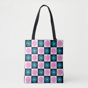 Chequered Aster Pink Blue Floral Abstract  Tote Bag