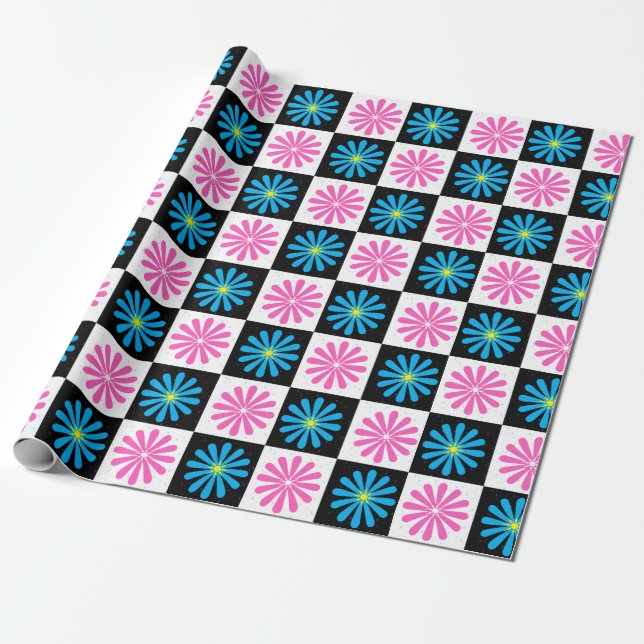 Chequered Aster Pink Blue Floral Abstract  Wrapping Paper (Unrolled)