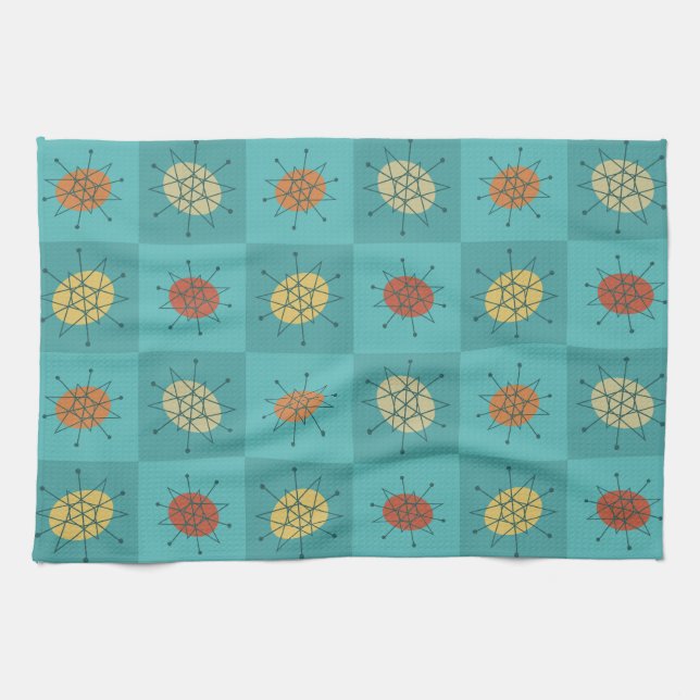 Chequered Atomic Age Turquoise Kitchen Towel (Horizontal)