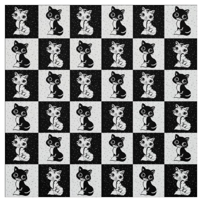 Chequered Black And White Cat Fabric (Swatch)