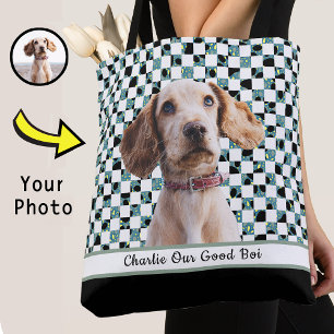 Chequered Black and White Dog Photo to Mom Grandma Tote Bag