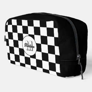 Chequered Black and White geometric retro Monogram Dopp Kit