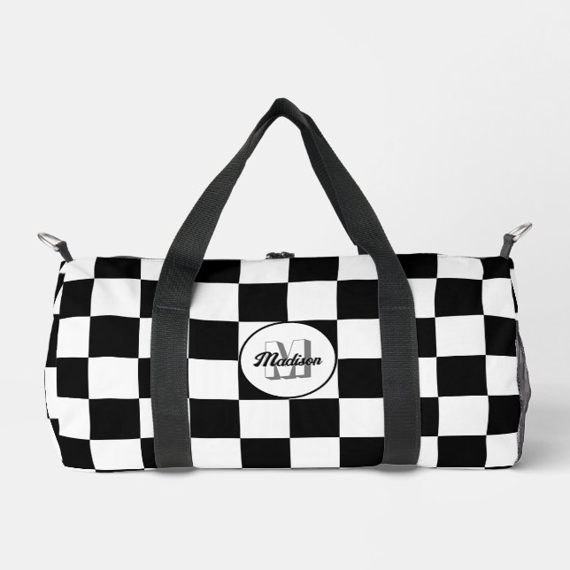 Chequered Black and White geometric retro Monogram Duffle Bag (Front)