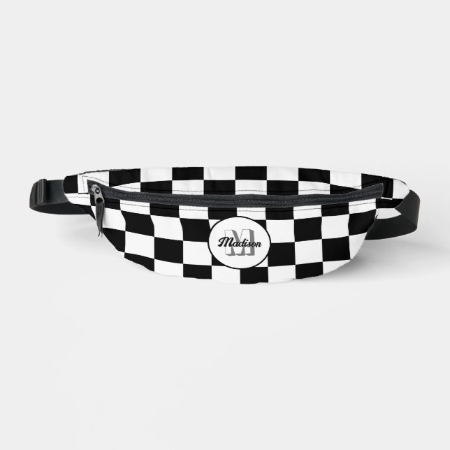 Chequered Black and White geometric retro Monogram Fanny Pack (Front)