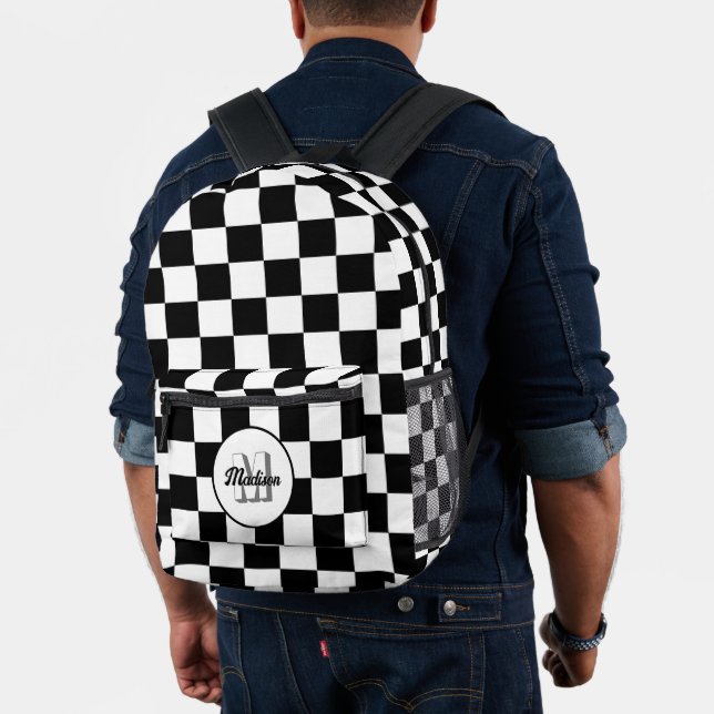 Chequered Black and White geometric retro Monogram Printed Backpack (Insitu (Model))