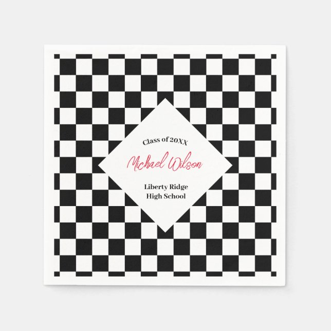 Chequered black and white graduation party napkin (Front)