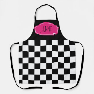 Chequered black and white hot pink label apron