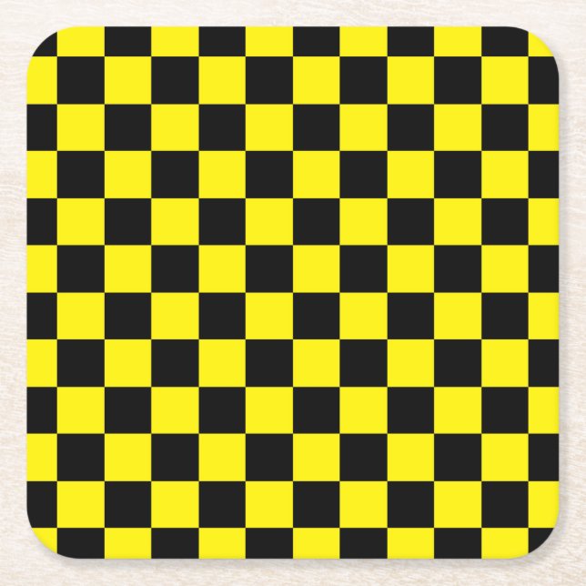 Chequered Black and Yellow Square Paper Coaster (Front)