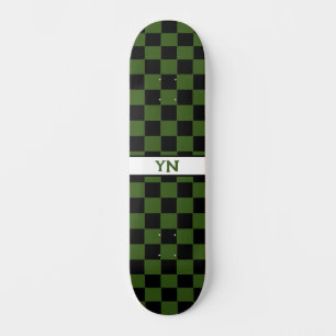 Chequered Black & Dark Green Custom Name Initials Skateboard
