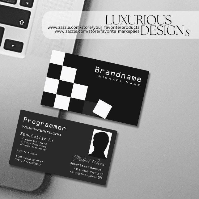 Chequered Black Dark Grey Modern with Photo Cool Business Card (Creator Uploaded)