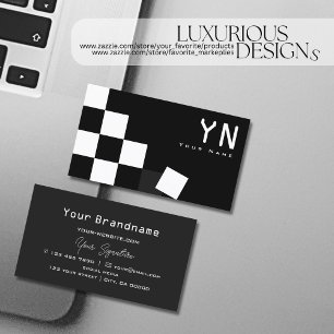 Chequered Black Dark Grey with Monogram Modern Business Card