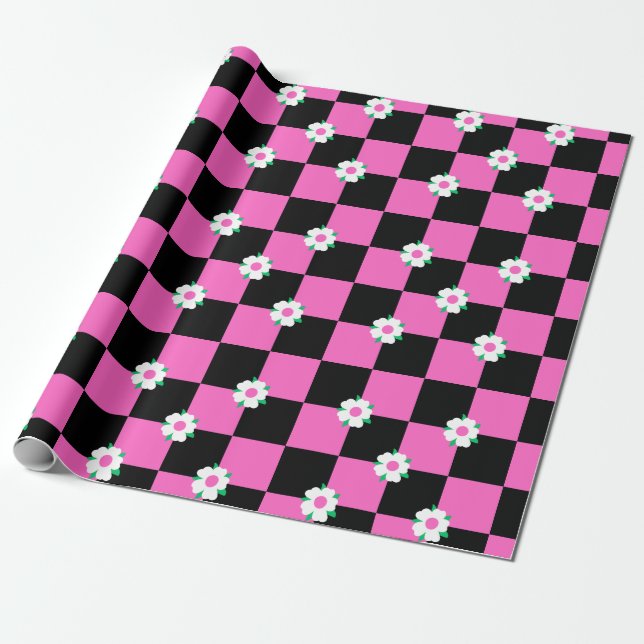 Chequered black pink flowers wrapping paper (Unrolled)