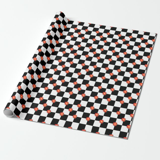 Chequered black red flowers wrapping paper (Unrolled)