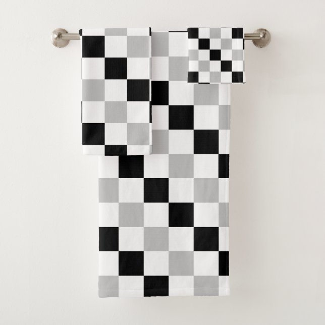 Chequered Black, White and Grey Bath Towel Set (Insitu)
